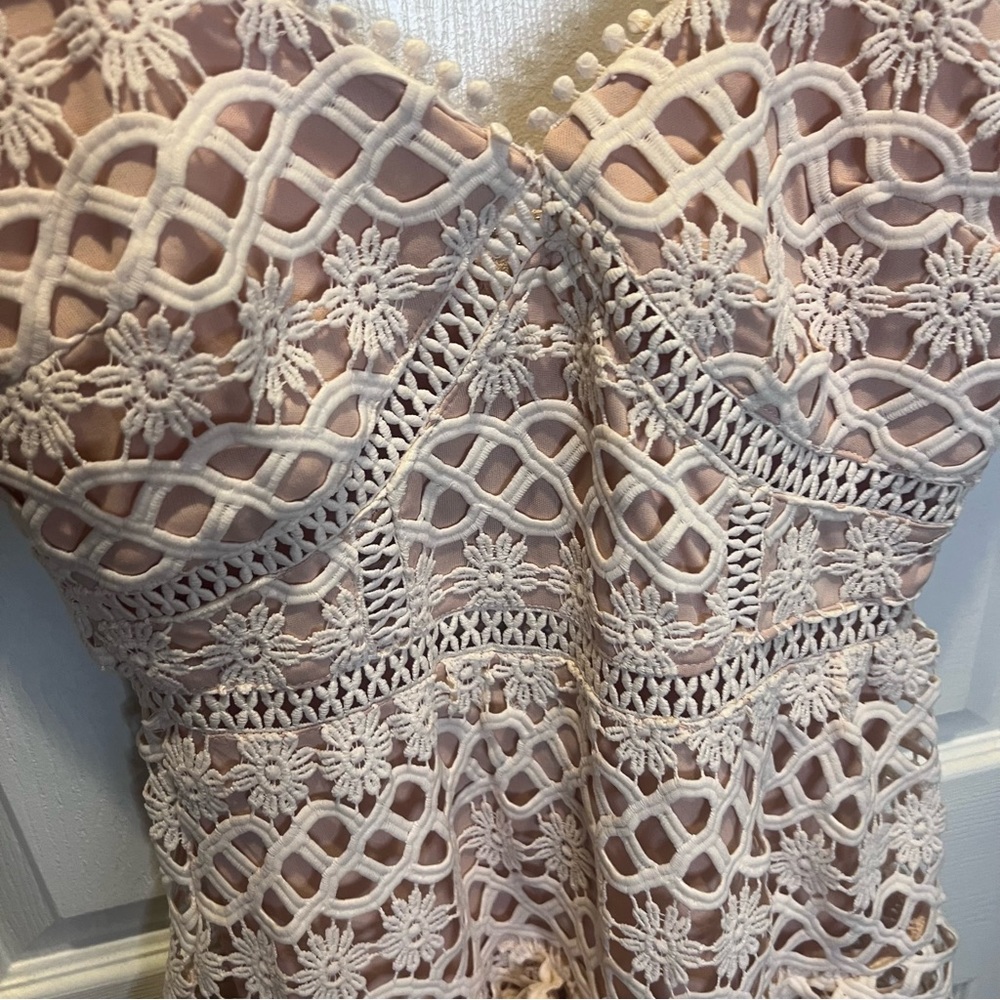 Lulus pale blush lace crotchet ruffle mini sleeveless dress - Picture 9 of 10